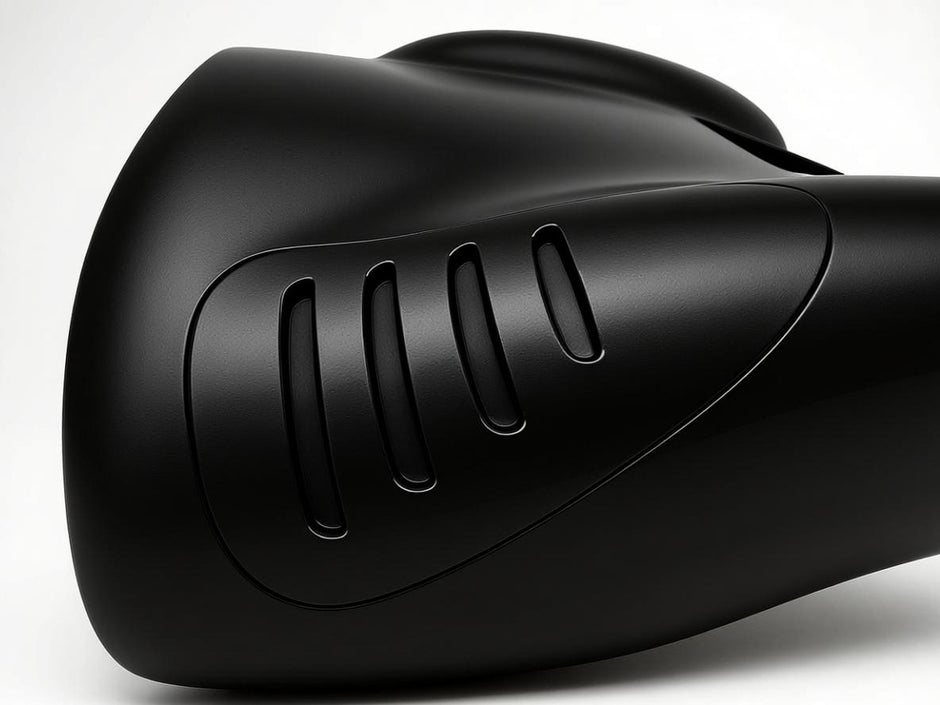 Close-up of a black car fender on a white background