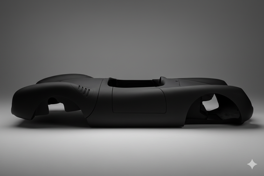 Black Batmobile model on a gray background