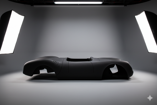 Black futuristic car model on a gray background with studio lights