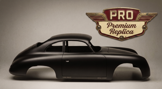 A matte black replica car body shell shown in profile against a neutral gray background, with a 'PRO Premium Replica' logo badge in the upper right and product text at the bottom.