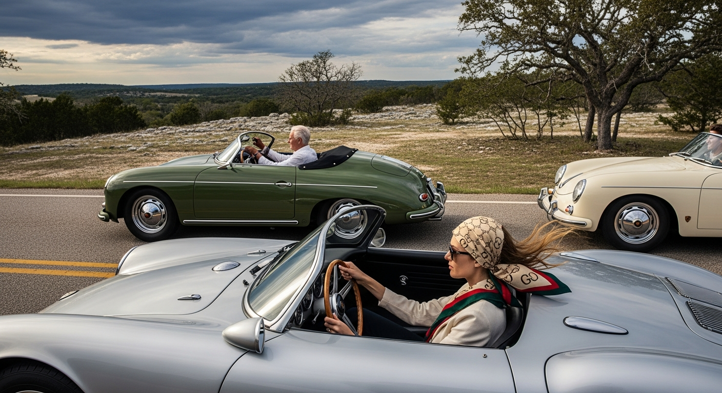 Three vintage convertibles driving on a scenic road with a clear sky.
