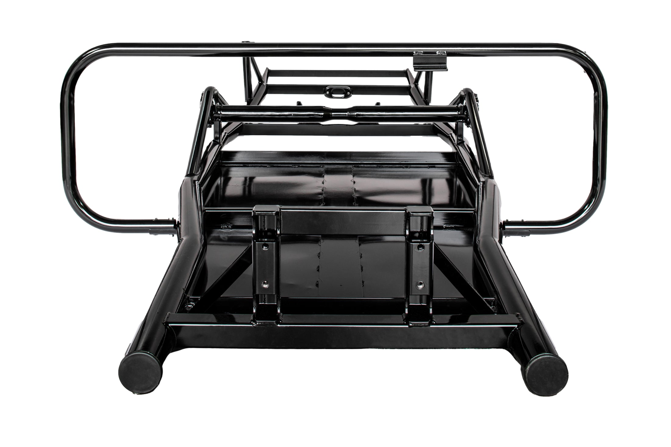 Black metal stand with wheels on a white background