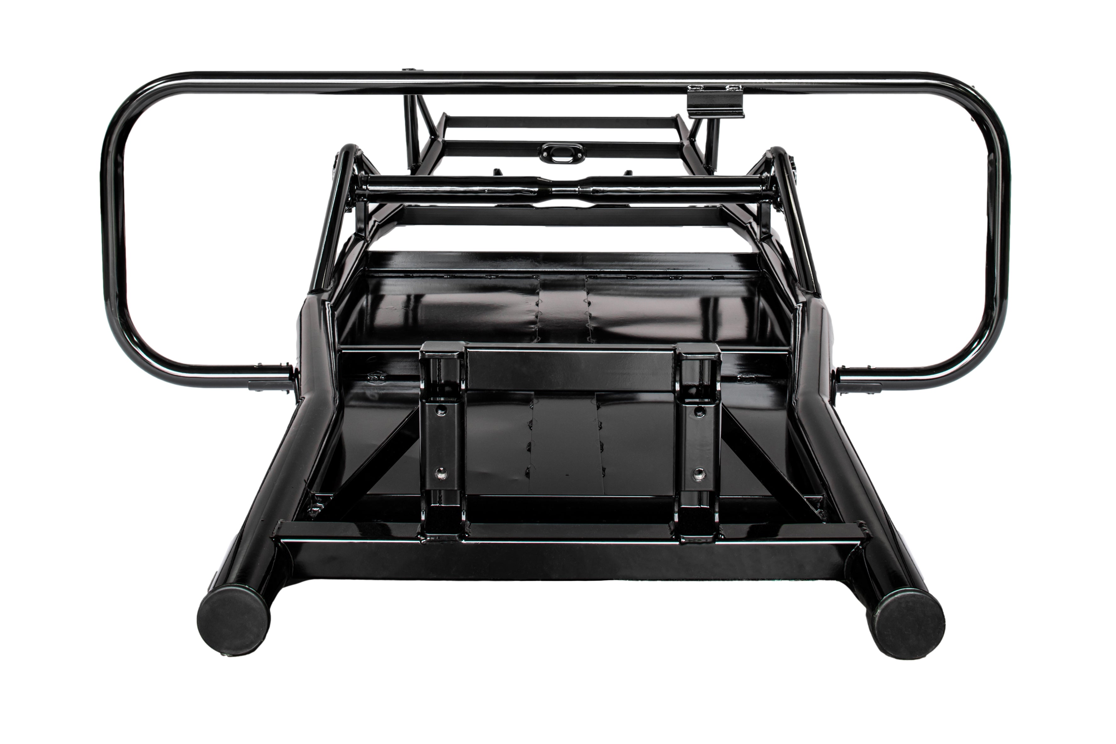 Black metal stand with wheels on a white background