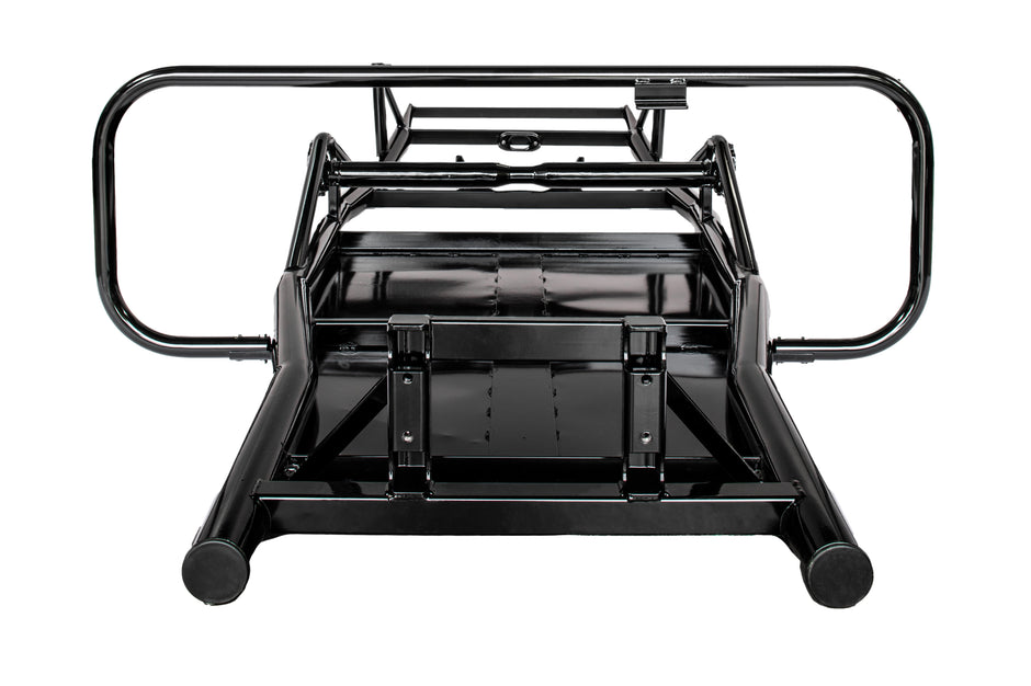 Black metal stand with wheels on a white background