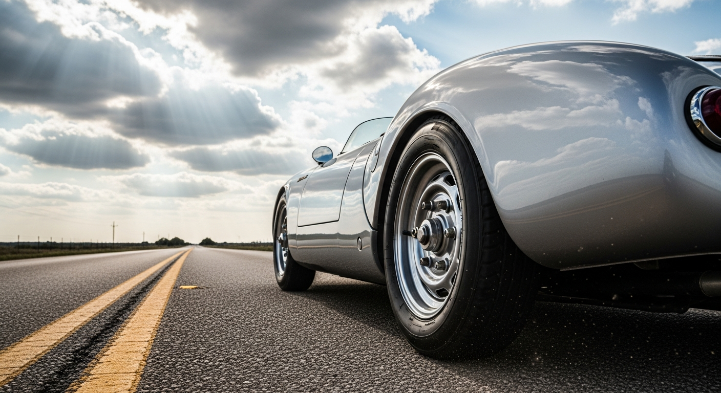 Vintage car on a road with a cloudy sky