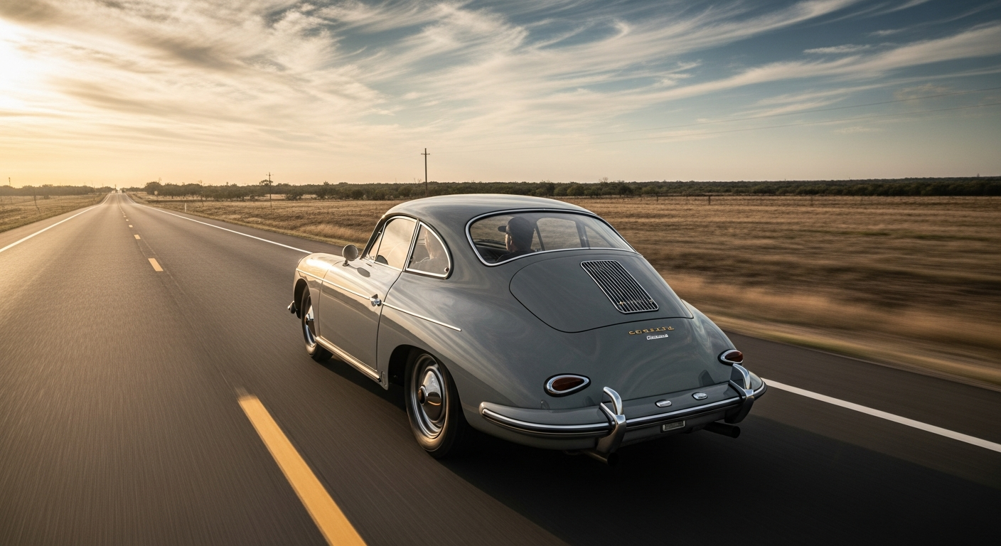 Vintage car driving on a road with a scenic background