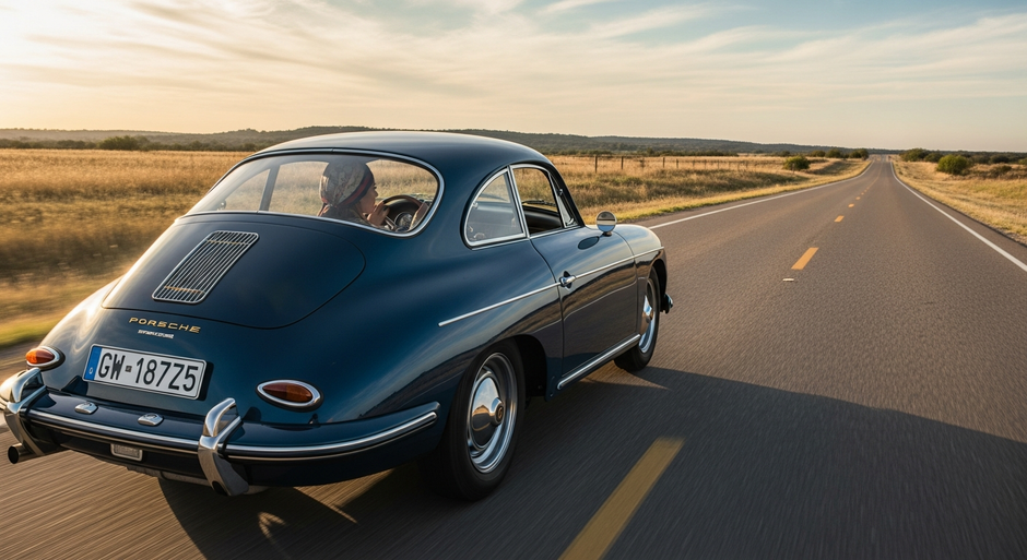 Vintage Porsche car on a road with a scenic background