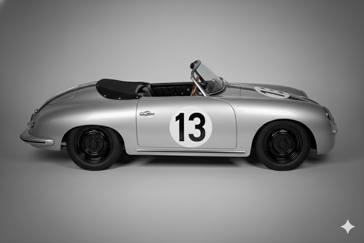 Vintage silver car with number 13 on a gray background