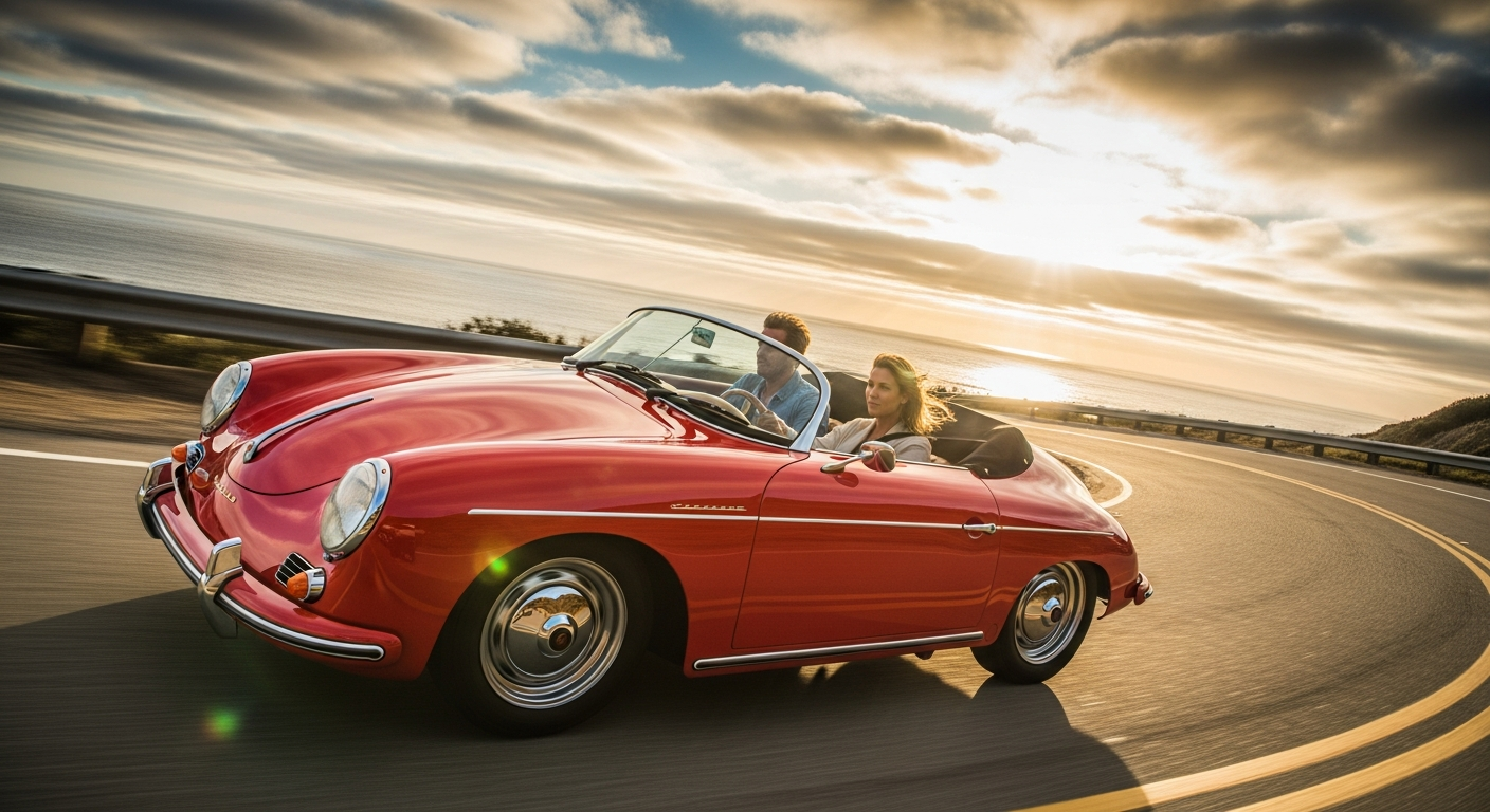Red vintage convertible car driving on a road with a scenic background