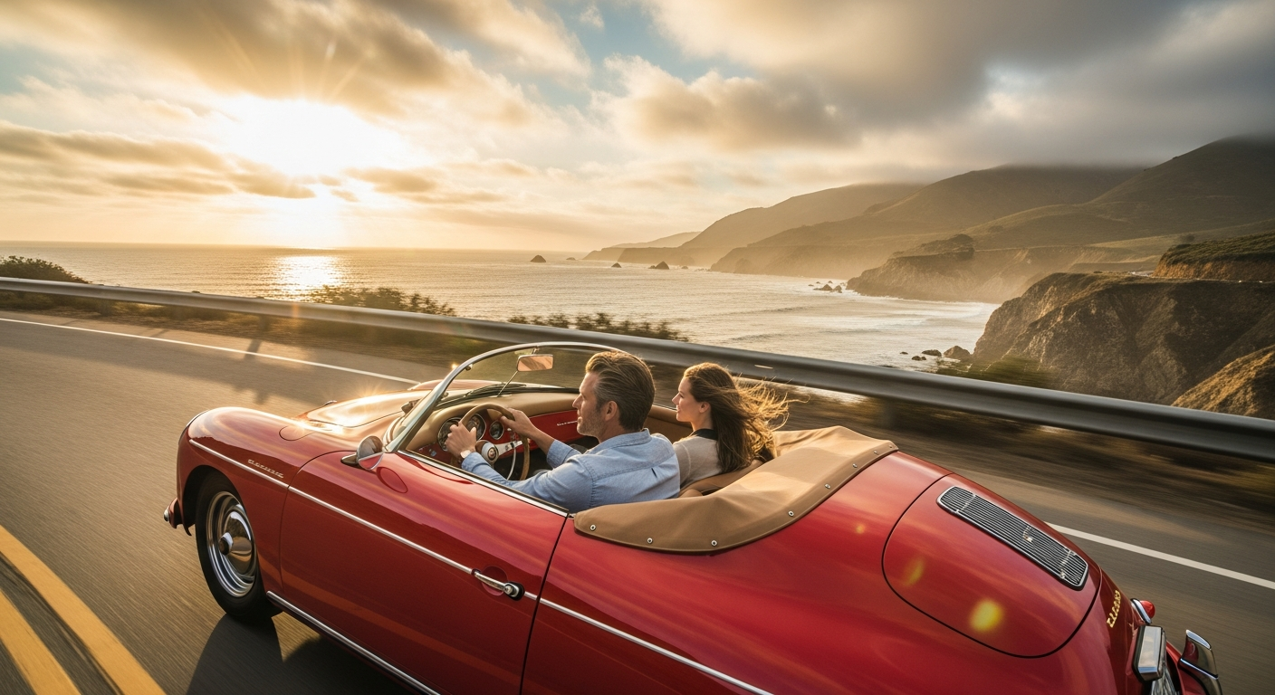 Red convertible car driving along a coastal road with a scenic view.