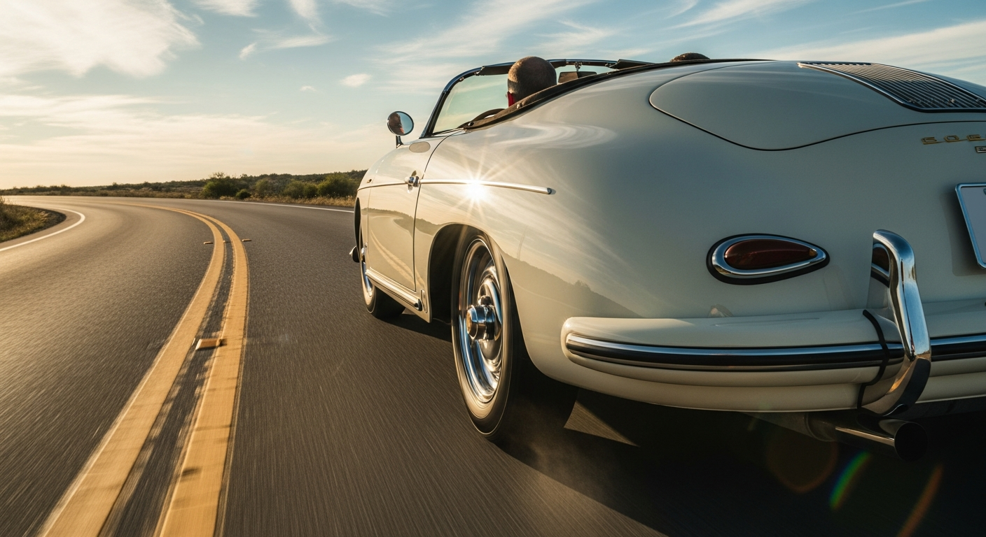 Vintage convertible car driving on a scenic road with a clear sky.