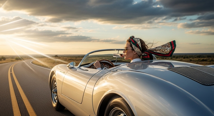 Woman in a vintage car on a road with a scenic background